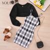 7-12Y Teenage Clothes Girls Dress Sets Short Top Coat and Plaid Hip Children Dresses for Teenager Girls Teen Dress