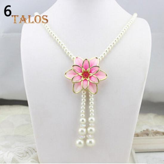 Women's Fashion Jewelry Flower Pendant Faux Pearl Tassels Necklace Sweater Chain Suspension Trinket