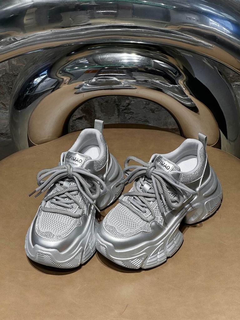 Silver Platform Versatile Dad Shoes Women's 2025 Spring New Heightening Muffin Women's Shoes Small Rhinestone Sneakers