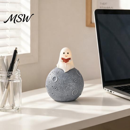 Unique Holiday Gift Cute Ghost Reading Book Ornament, Luminous Resin Figurine, Handmade Craft Night Light for Halloween Home Desktop Decoration