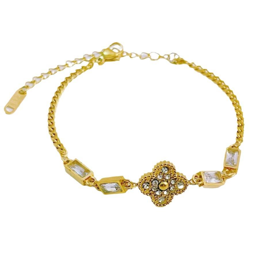 Новый браслет из четырехлистного цветка с цирконием, титановая сталь, не теряет цвет, простой браслет с четырьмя листами клевера для пожилых людей