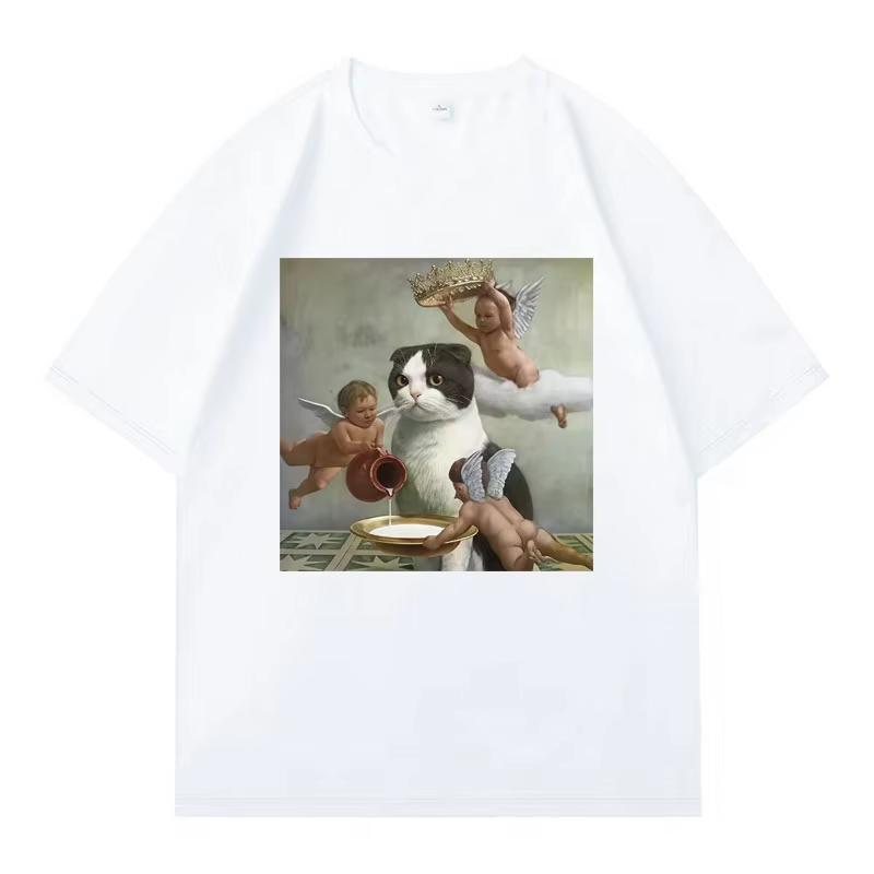 Funny Classical Art Cat T Shirt Angel Cherub Graphic Cotton Crew Neck Short Sleeve Unisex Oversized Vintage Meme Streetwear Tees