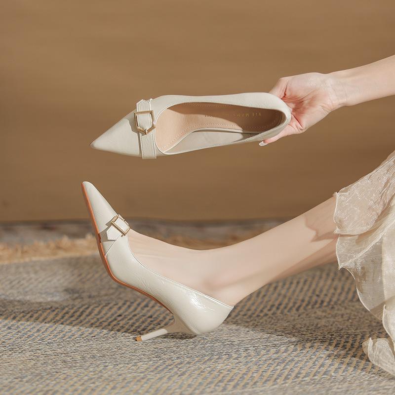 Fashion Show Pointed Head Thin Heel Women's Versatile Metal Buckle Temperament Shallow Mouth Single Shoes New Single Shoes Women