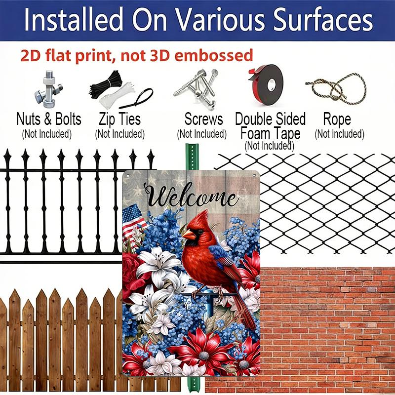 2D Flat Decorative 8×12 Inch Aluminum Plaque Metal Sign | Welcome Patriotic Red Cardinal & Floral Design; Ideal for Home & Outdoor Wall Decor
