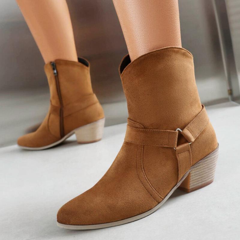 2024 Womens Faux Suede Buckle Designer Ankle Boots Winter Block Heel Zipper Ankle Boots Western Chelsea Cowboy Boots Botas Mujer
