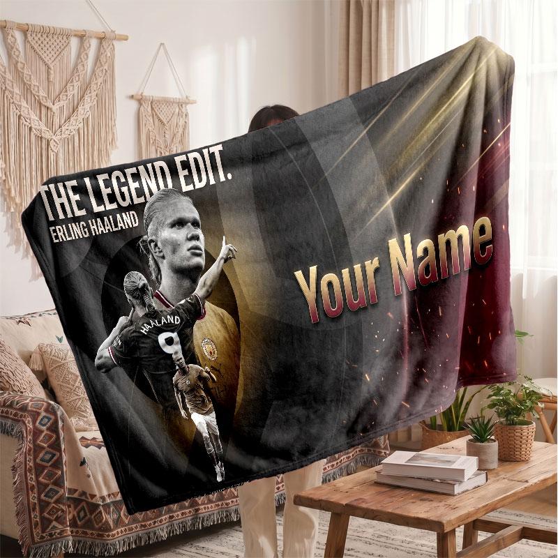 Erling Haaland Personalized Fleece Blanket With Football Logo, Custom Name Text Soft Warm Home Throw Blanket