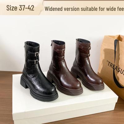 2025 Женские ботильоны больших размеров цвета мерло с пряжкой, круглым носком и толстой подошвой в винтажном мотоциклетном стиле