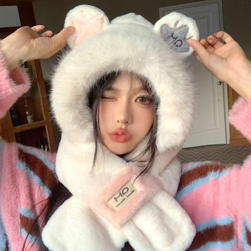 Шапка и шарф в одном. Женская универсальная и милая плюшевая шапка для зимы. Теплый и толстый, непромокаемый и ветрозащитный шарф с капюшоном для зимы.