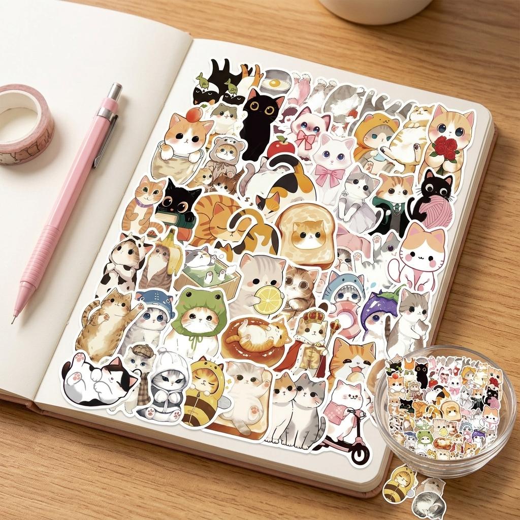 50Pcs Cartoon Cat Stickers PVC Waterproof DIY Decorative Stickers For iPad Luggage Notebook