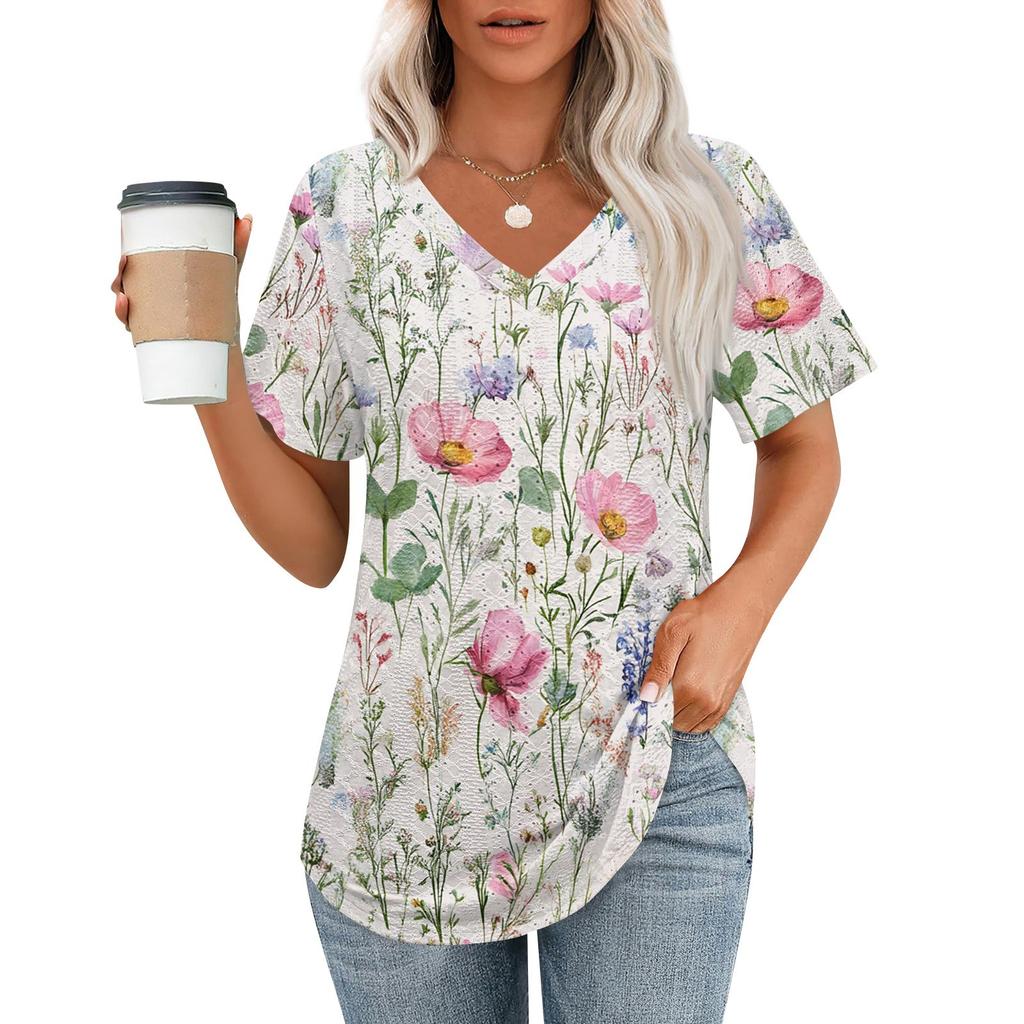 Womens T Shirts V Neck Short Sleeve Casual Tops Loose Fit Basic Tees With Curved Hem