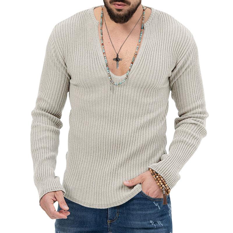 Men's V-Neck Ribbed Long Sleeve Knit Sweater, Slim Fit Casual Pullover, Multiple Color Options