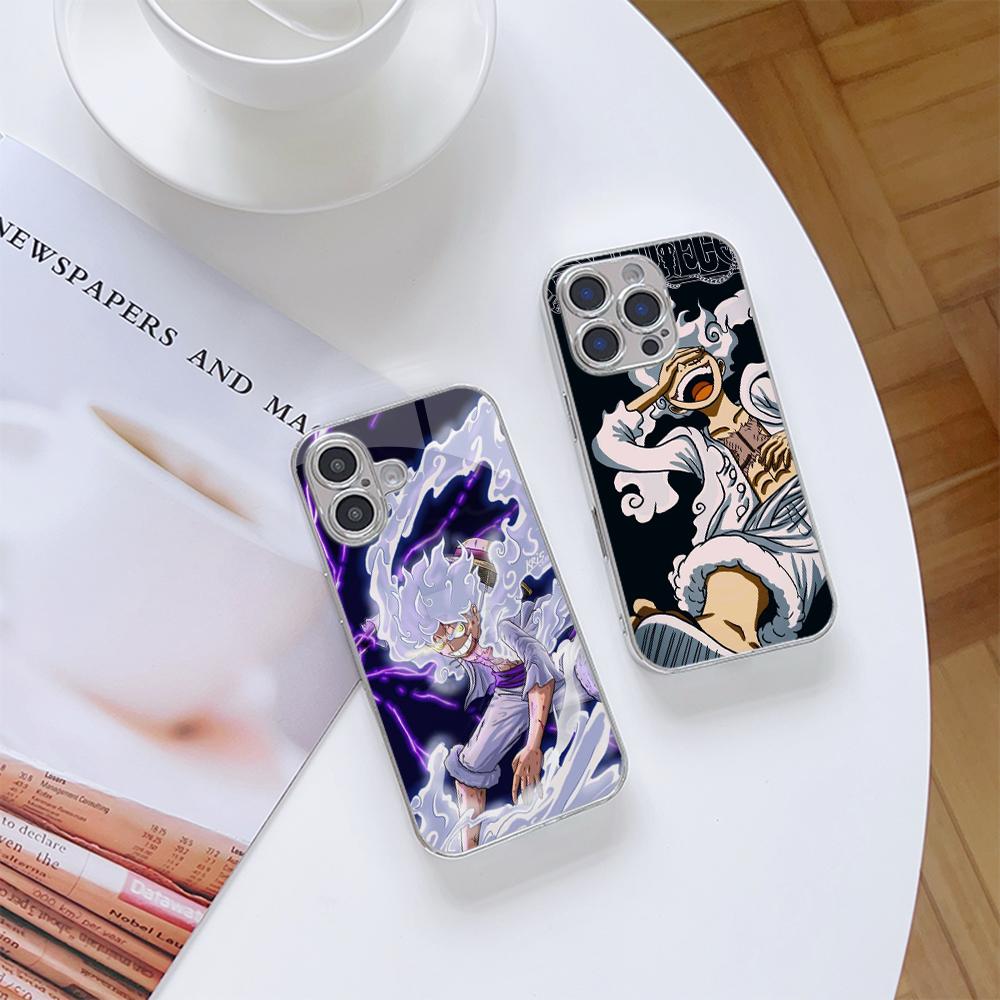 Чехол для телефона N201 One Piece Luffy Gear 5 art для iPhone 16 15 Pro Max 8 Samsung S24 S23 A54 A35 Redmi Note 13 12 Pro с позолоченной рамкой и закаленным стеклом