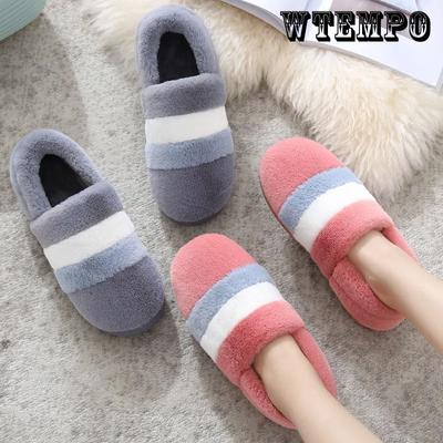 Простые зимние хлопковые тапочки с блокировкой цвета на каблуке, мужские домашние нескользящие домашние женские шерстяные теплые туфли на толстой подошве