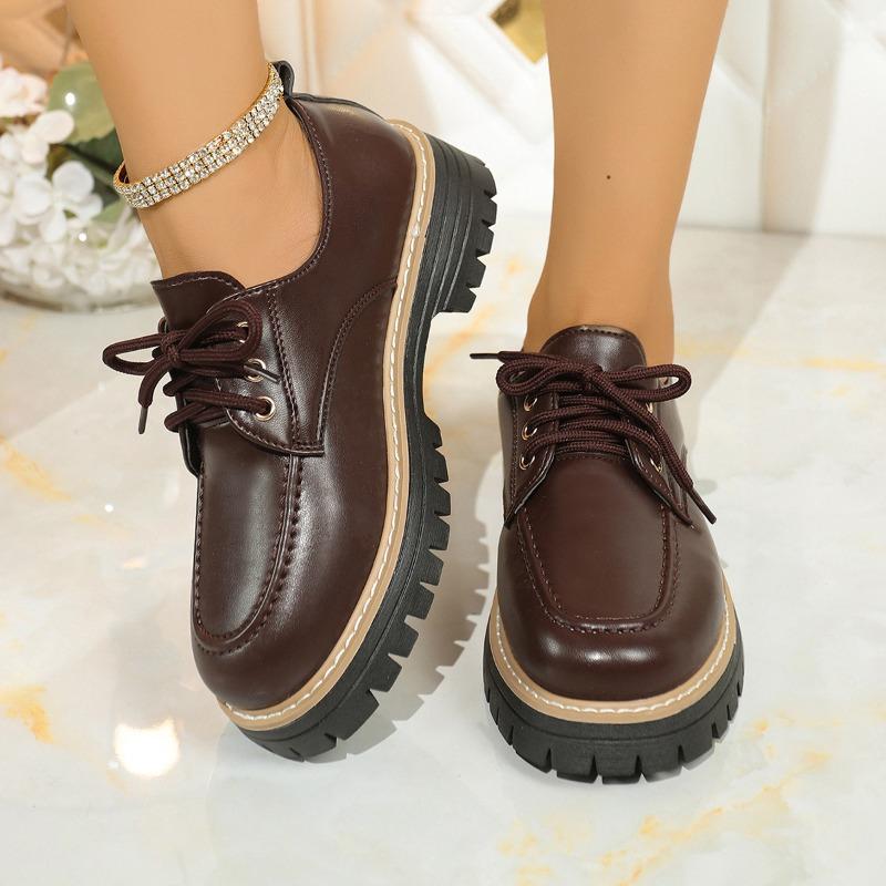 Fashion Plus Size 43 Women's Lace Up Loafers Spring and Autumn Fashion British Style Versatile Thick Sole Low Heels Small Leather Shoes
