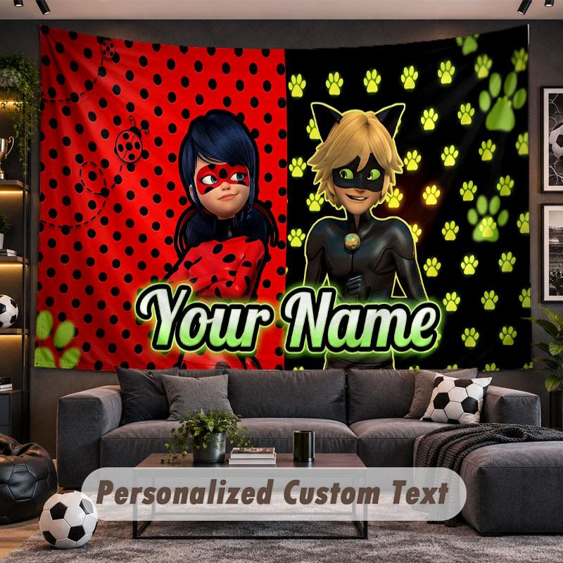 Wall Hanging Tapestry Custom NameMiraculous Ladybug Pattern Personalized Printed Fabric Wall Decor