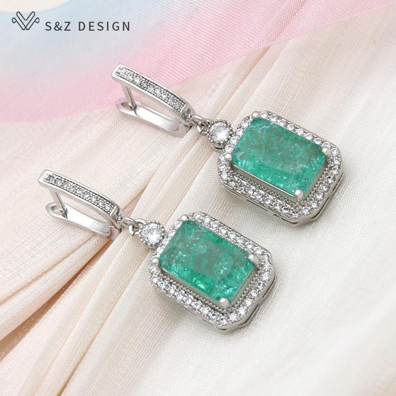 Fashion Rectangle Ice Crack Crystal Drop Earrings For Women Wedding White Gold Color Cubic Zirconia Eardrop Jewelry Gift