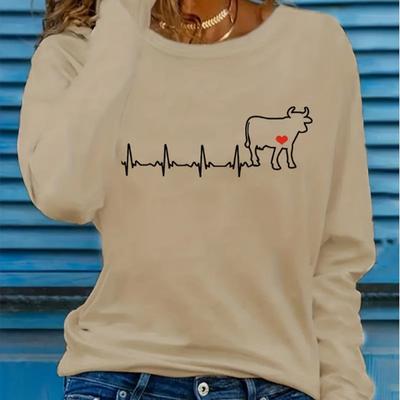 Топы для женщин Line Bull Print Round Neck Футболка с длинным рукавом Осенний повседневный тонкий пуловер Женский топ с длинным рукавом