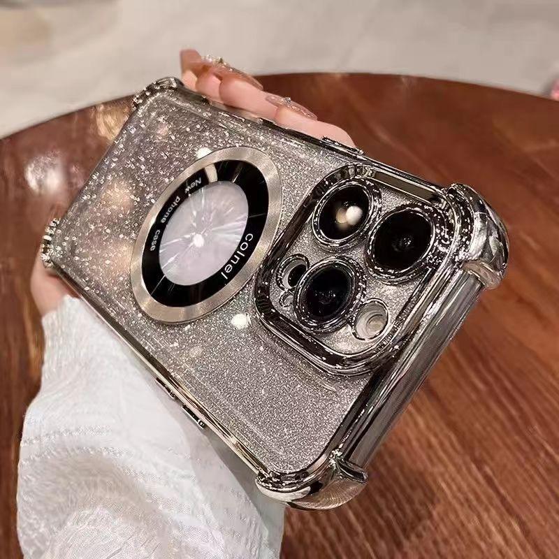 Роскошный магнитный блестящий ударопрочный чехол для телефона iPhone 16 15 14 13 12 11 Pro Max Plus стеклянная защита линз акриловая задняя крышка