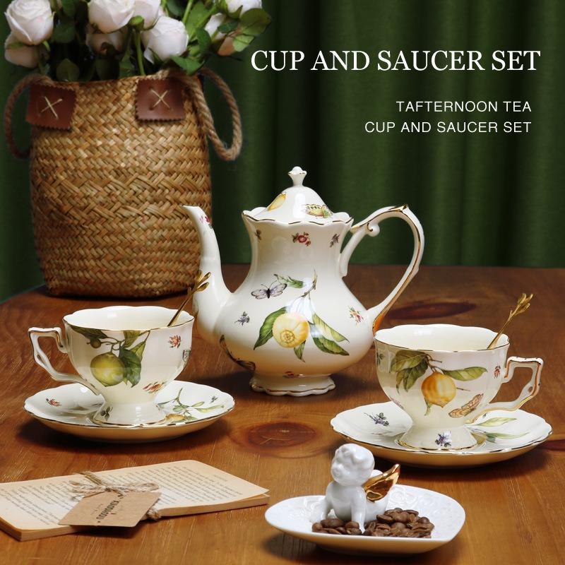 European Ceramics Coffee Cup and Saucer Elegant Lemon Pattern European Style Teapot Coffee Mug with Dessert Spoon Gift for Mom