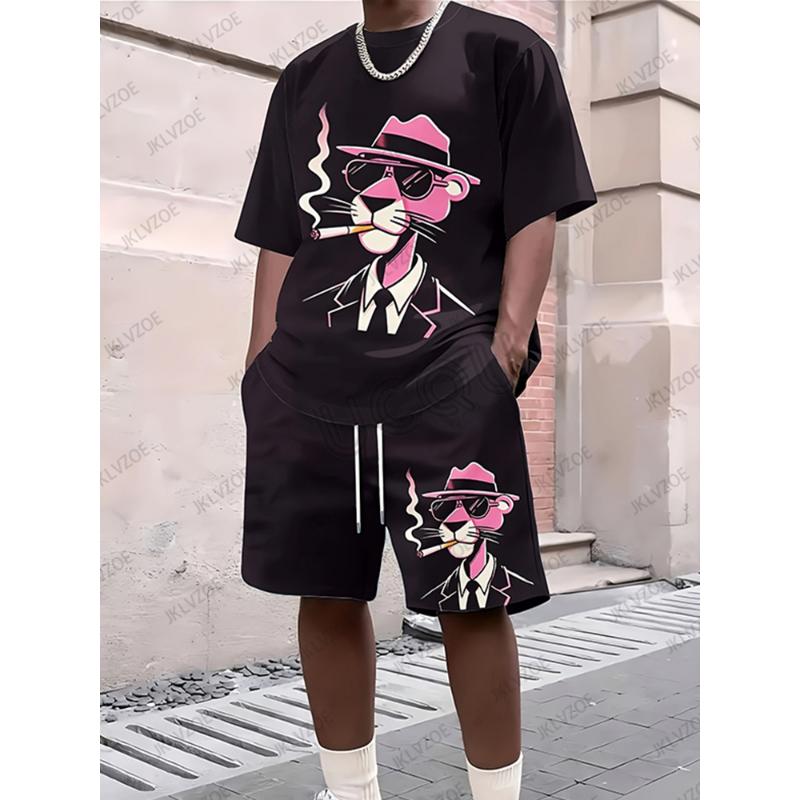 2025 Новый мужской спортивный костюм, комплект из 2 предметов, футболка с коротким рукавом Pink Panther, повседневный костюм, спортивная одежда, шорты, мужская одежда