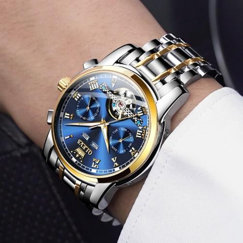 OLEVS Men's Stylish Blue Automatic Waterproof Date Luminous Business Skeleton Arm Watch Popular Brand Blue