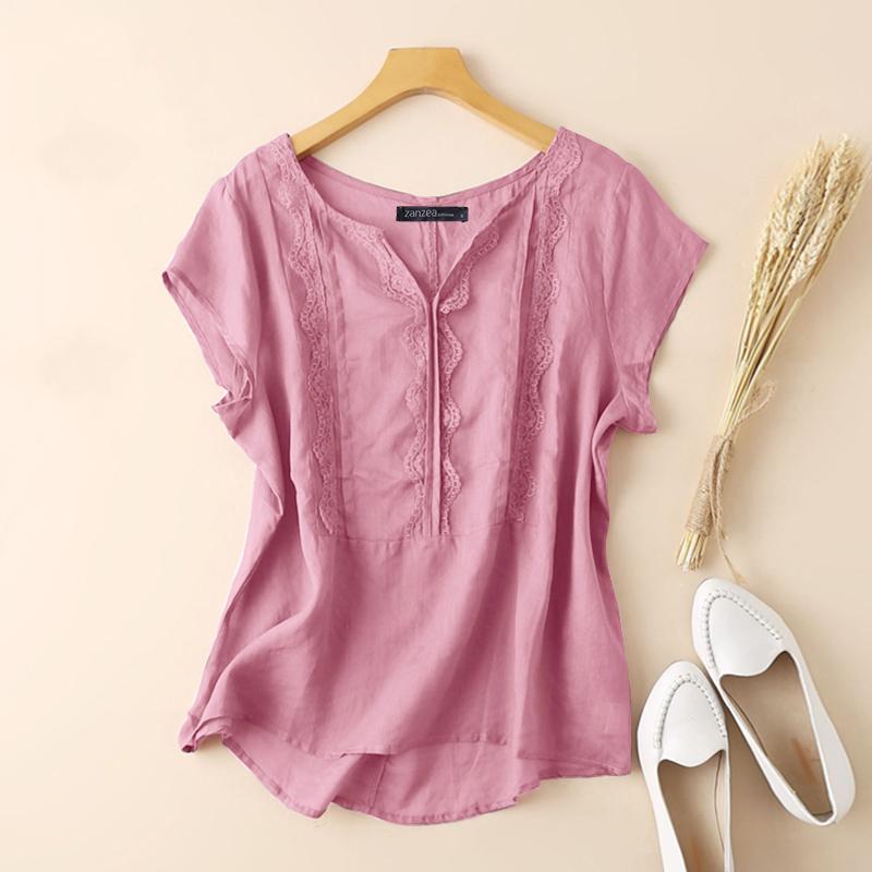 ZANZEA Women Summer V-neck Short Sleeve Lace Splice Blouse Tops