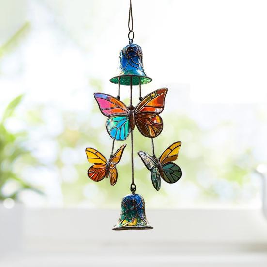 Butterfly Wind Chime Metal Stained Glass Wind Chime Hanging Decoration for Indoor Outdoor