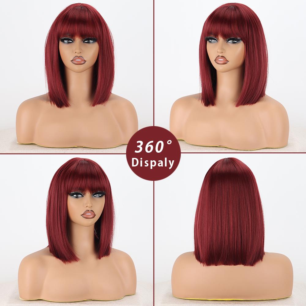 LISI HAIR Women Shoulder Length Red Wine Straight Bob Wig with Bangs Synthetic Fiber Natural Straight Bob Wig Cosplay Daily