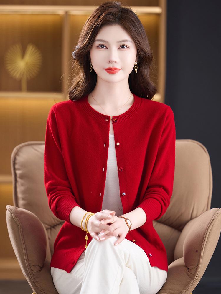 Женский кардиган из 100% чистой шерсти - Новый осенне-зимний свитер с круглым вырезом для мамы