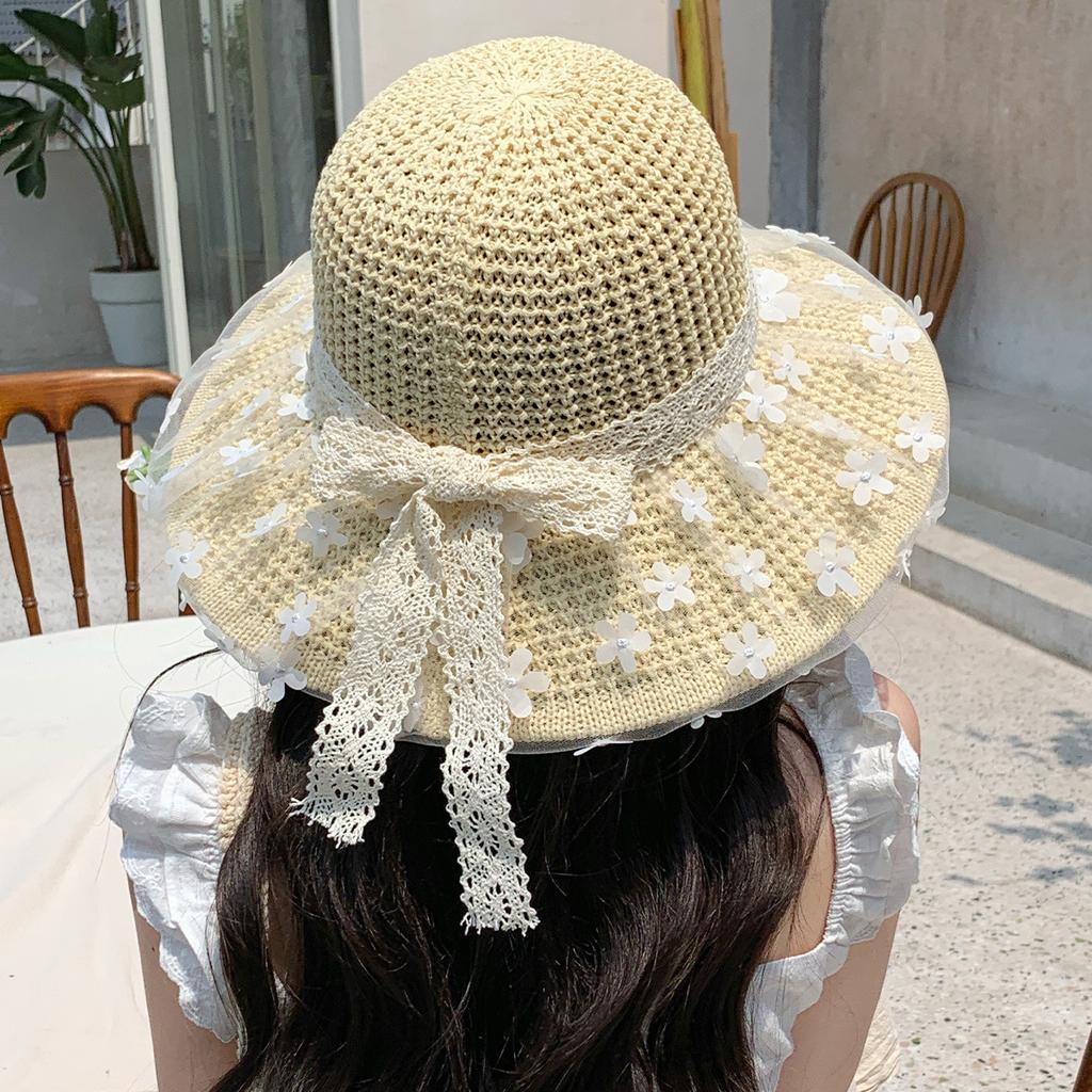 Lace Flower Straw Hat Women's Summer Sunshade Sunscreen Hat Seaside Beach Sun Hat Big Brim Showing Face Small Bucket Hat