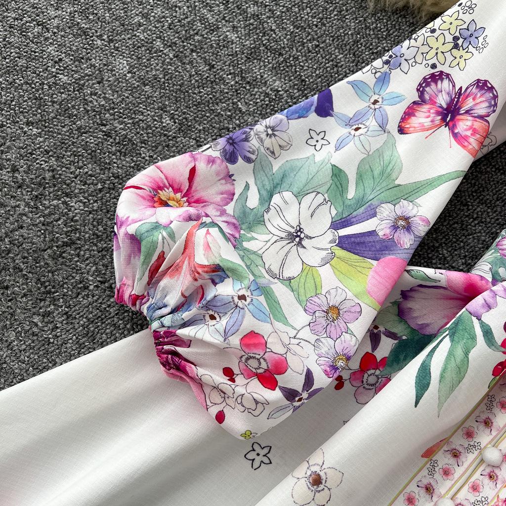 Весна-лето Женские однобортные платья с рукавами-фонариками и принтом, длинные макси, для отдыха на пляже, с поясом