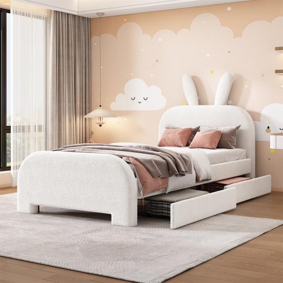 Soft Bed 90x200cm Rabbit Shape Velvet Fabric Children with Headboard 2 Drawers Ergonomic Design Strong Wood Slat Support Home Furniture Kids