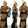 Plus Size African Fashion Mesh Trumpet Sleeve Fishtail Dress with Hot Drill Design