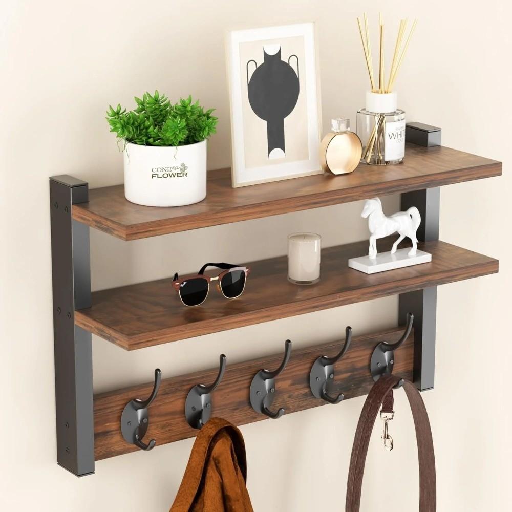 with Hooks Two-Tier Coat Rack Wall Mounted Entryway Coat Hook Wall Shelf for Bedroom Living Room
