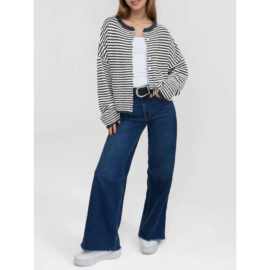 Женский полосатый контрастный свитер на осень и зиму, повседневный кардиган с длинными рукавами