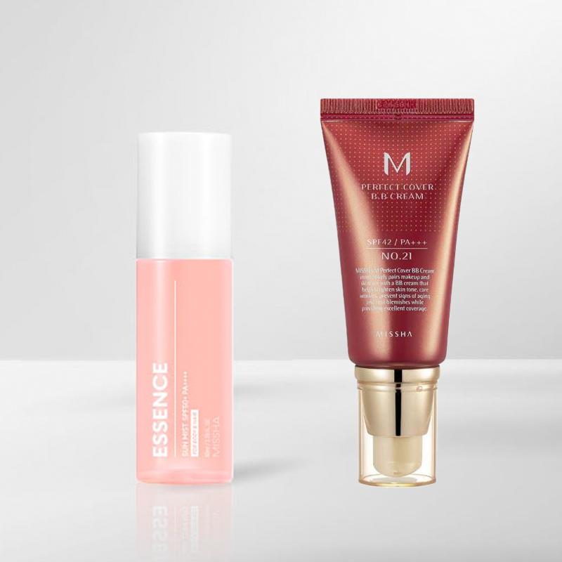 MISSHA Солнцезащитный спрей Allaround Safe Block Essence 80 мл SPF50+/PA+++ с BB-кремом Missha Perfect Cover (5 вариантов)