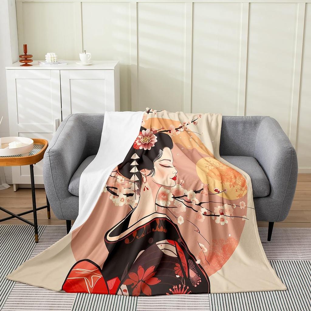 Feelyou Koi Fish Fleece Throw Blanket x Japanese Wave Cherry Blossoms Ocean Plaid Flannel Plush Fuzzy for Bed Couch Chair Living