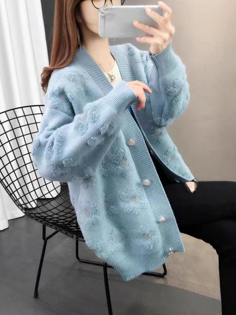2024 Autumn/Winter 3D Floral Knit Sweater Cardigan - Women's Korean Style, Loose Plus Size