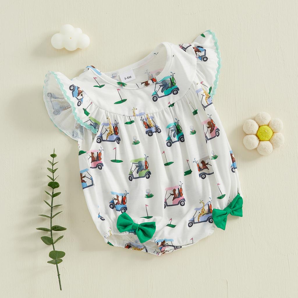 Baby Girl Summer Romper Adorable Golf Cart Animal Print Bow Fly Sleeve Round Neck Jumpsuit