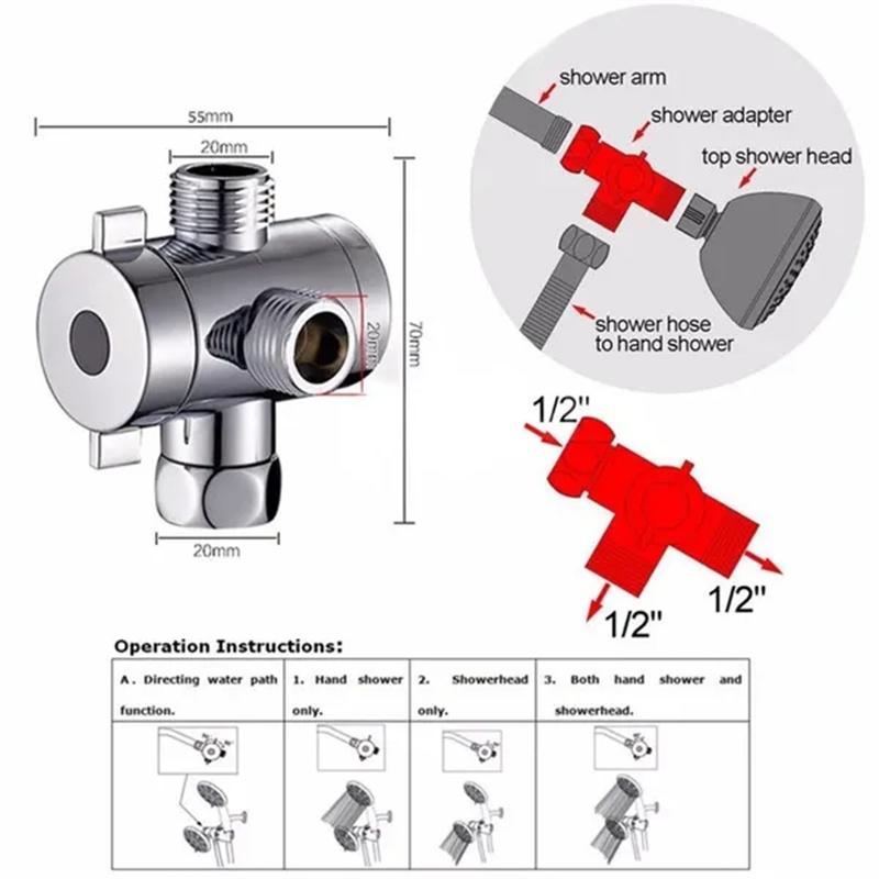 1/2'' 3-Way T-adapter Diverter Valve Adjustable Shower Head Arm Mounted Diverter Valve Bathroom Hardware Accessory