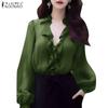 Women Casual Ruffles V-Neck Solid Color Long Sleeve Blouse