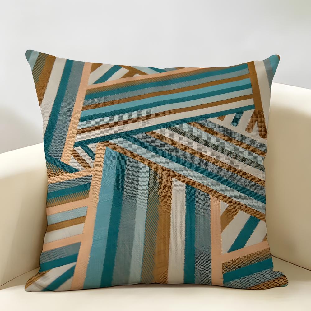 Simple Geo Inlay Pattern Cushion Cover Natural Linen Organic Fabric Double-Sided Printing Breathable Perfect For Home Decor