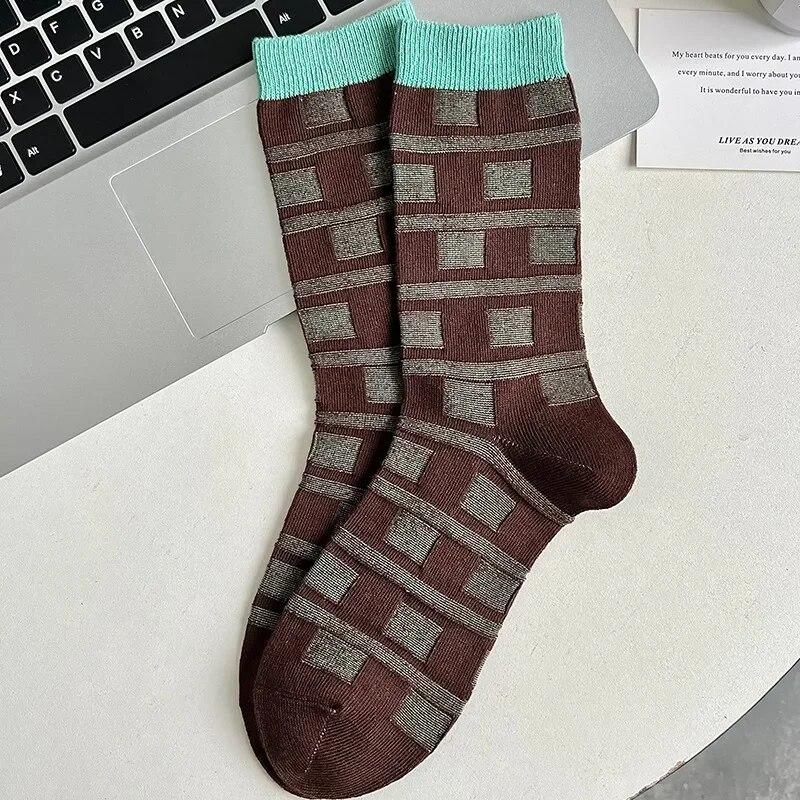 Винтажные женские носки, корейская мода, уличная одежда в стиле Харадзюку, спортивные носки, женские повседневные полосатые клетчатые хлопковые вязаные эластичные длинные носки