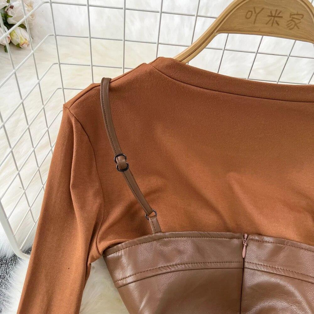 Новая весенняя женская блузка с длинными рукавами, топы и тонкие бретели из искусственной кожи, облегающее платье-карандаш, комплект из двух предметов