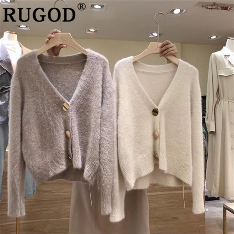 RUGOD Однотонные Элегантные Женские Кардиганы Повседневный Трикотажный Свитер с V-образным вырезом Приталенная Осенне-зимняя Одежда