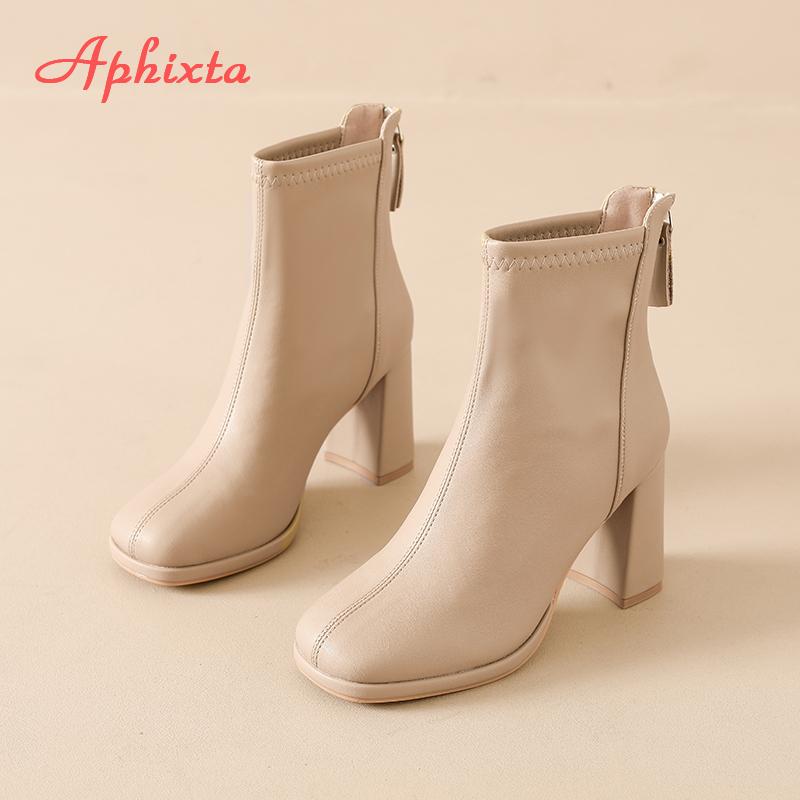 Aphixta Bazk Zipper Dec Women Ankle Boots 8cm High Heels Sexy Stretch Boots Elegant Sewing Short Plush Warm Winter Woman Shoes