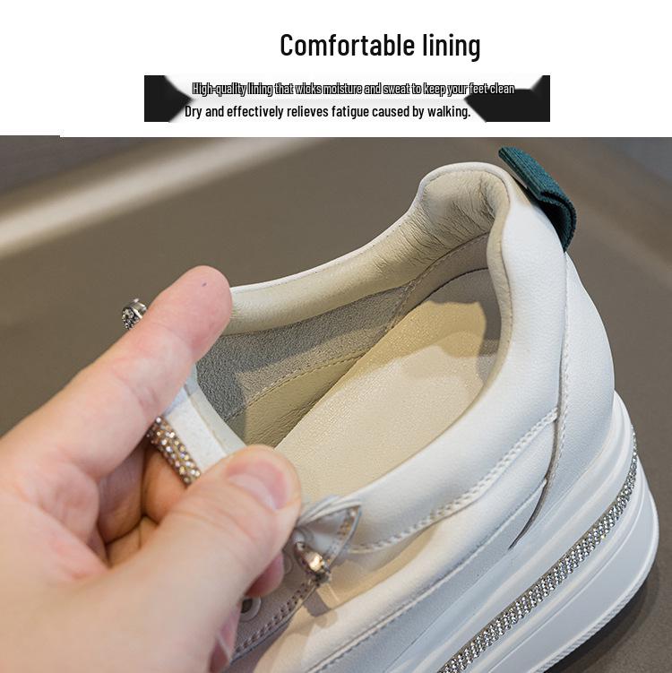 Женские белые кроссовки на платформе со стразами и эластичными шнурками - Натуральная кожа, Толстая подошва, Увеличение высоты на 7 см, Легкие и универсальные.