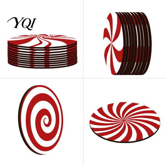 Festive Holiday Party Tableware 4Pcs Red White Spiral Wooden Coasters, Round Peppermint Candy Drink Lightweight Stackable Wood Mat Heat?Resistant