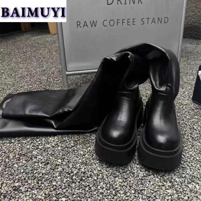 Сапоги на платформе до колена, женские туфли на высоком каблуке в готическом стиле, роскошные туфли-челси 2025 года, дизайнерские плиссированные кожаные зимние ботинки для снега