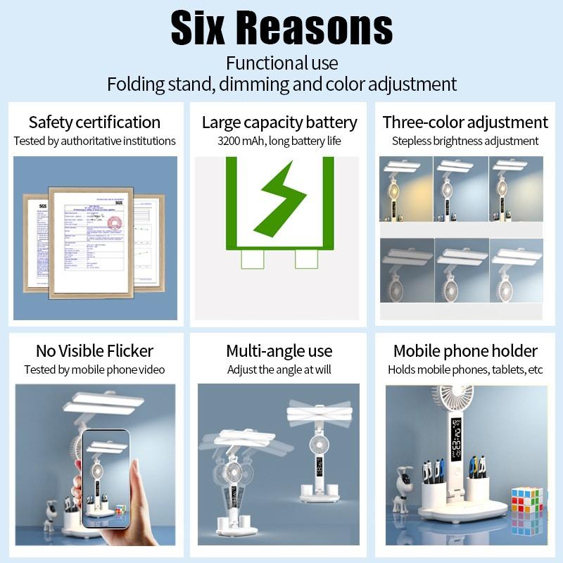 3 в 1 лампа для чтения с защитой глаз, мини-вентилятор, ящик для хранения канцелярских принадлежностей, дисплей температуры/времени/даты, без мерцания, настольный светильник для учебы